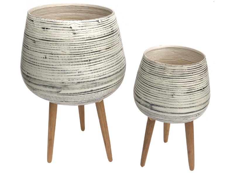 Premium Spun Bamboo Planters with Removable Wooden Legs - Set of 2 Eco-Friendly Indoor Pots